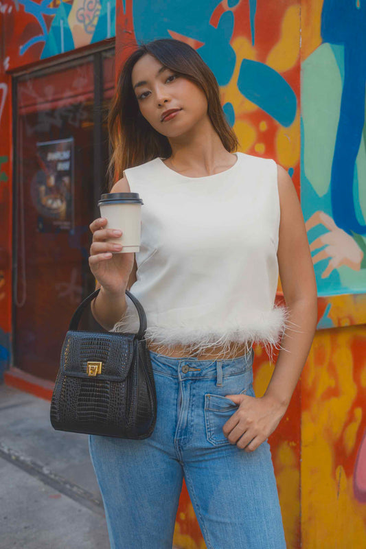 White Sleeveless Top with Feather Detail